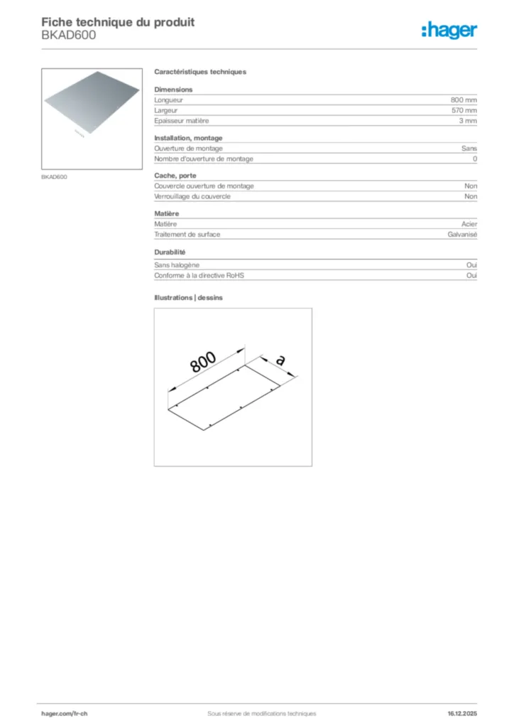Image Hager Fiche technique du produit BKAD600 | Hager Suisse