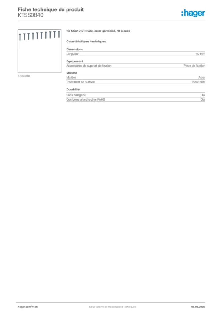 Image Hager Fiche technique du produit KTSS0840 | Hager Suisse