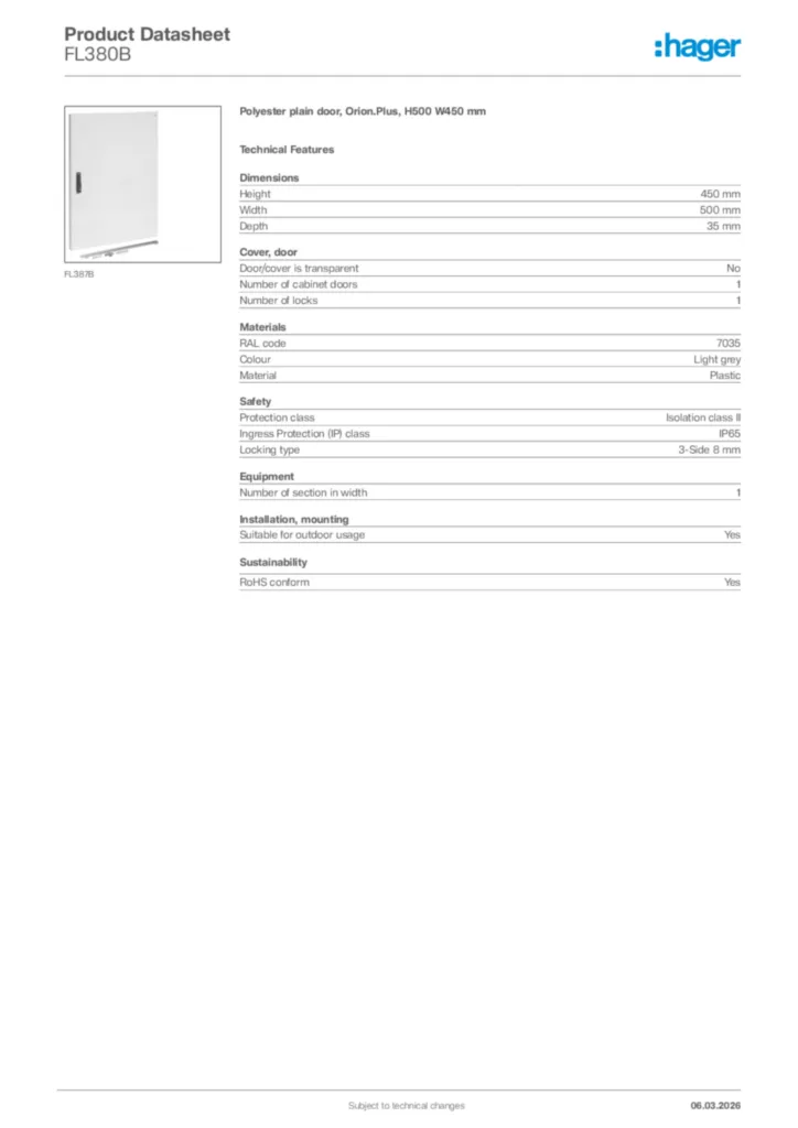 Image Hager Product data sheet FL380B  | Hager Africa