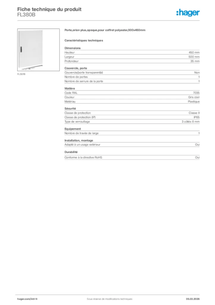 Image Hager Fiche technique du produit FL380B | Hager Afrique