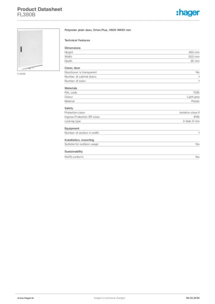 Image Hager Product data sheet FL380B  | Hager