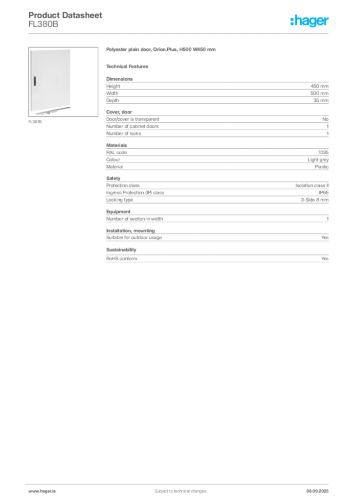 Image Hager Product data sheet FL380B  | Hager