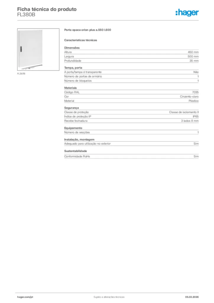 Imagem Hager Ficha técnica do produto FL380B | Hager Portugal