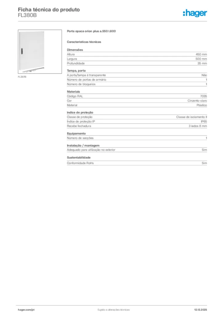 Imagem Hager Ficha técnica do produto FL380B | Hager Portugal