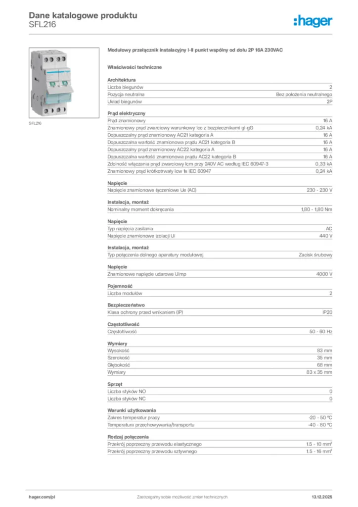 Zdjęcie Hager Karta katalogowa SFL216 | Hager Polska