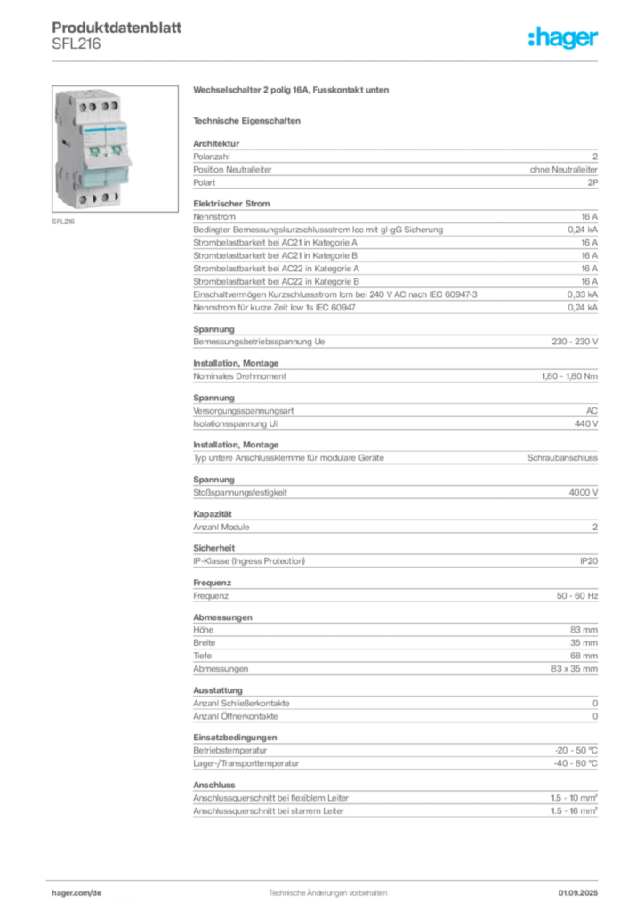Hager Produktdatenblatt SFL216