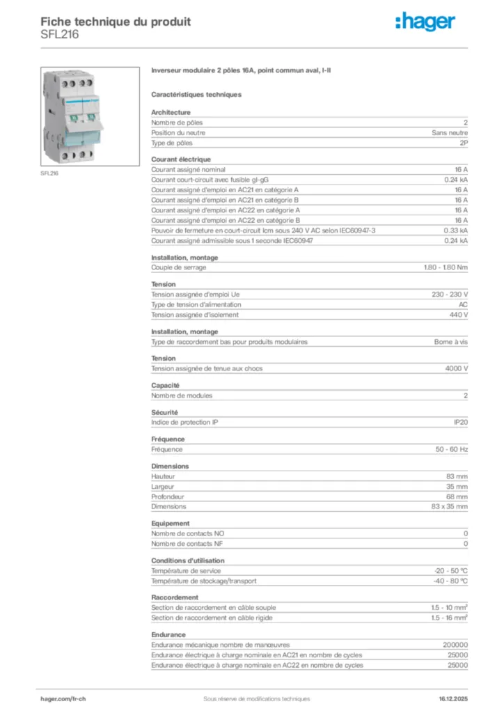 Image Hager Fiche technique du produit SFL216 | Hager Suisse