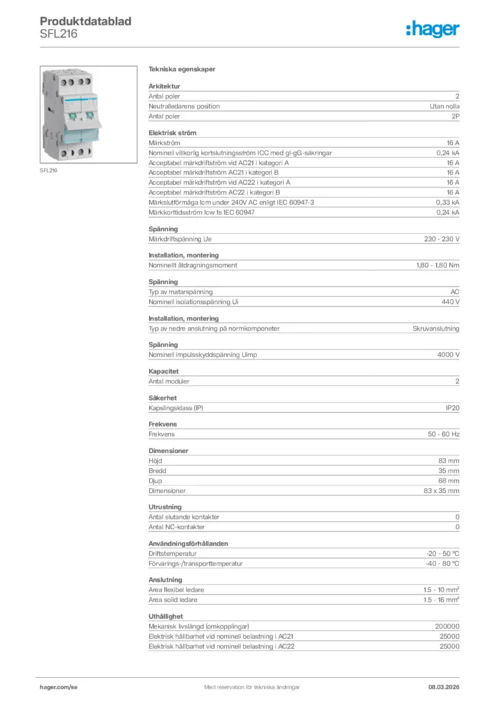 Bild Hager Produktdatablad SFL216 | Hager Sverige