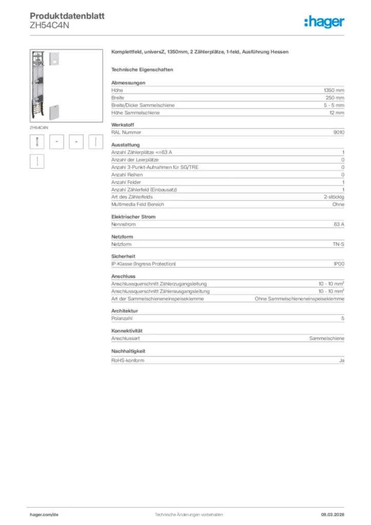 Bild Hager Produktdatenblatt ZH54C4N | Hager Deutschland