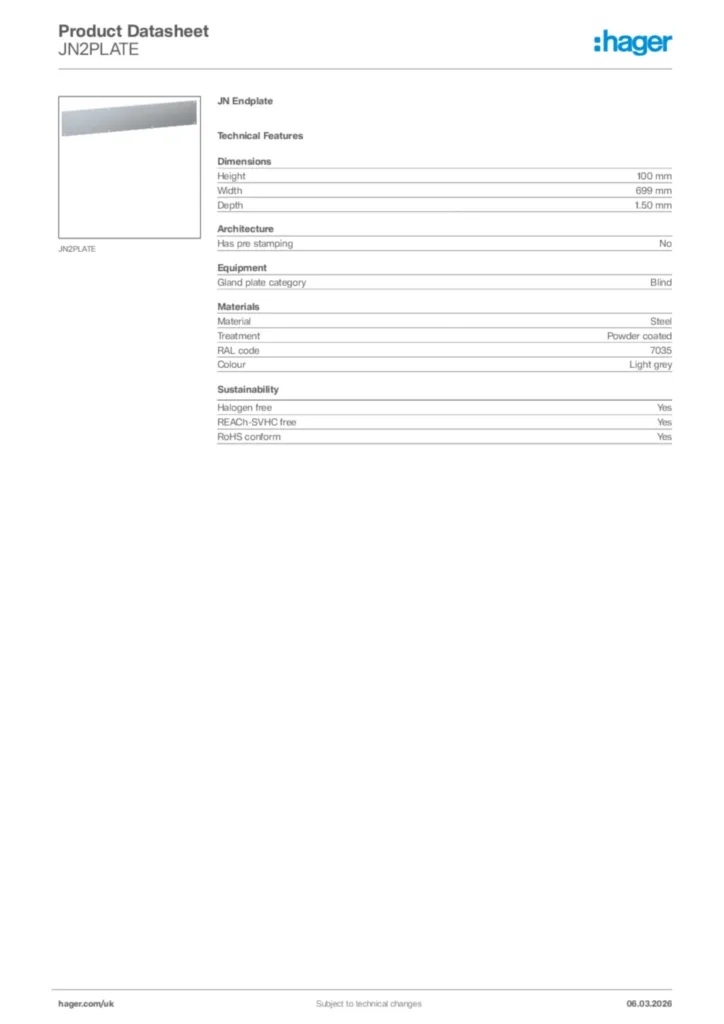 Image Hager Product data sheet JN2PLATE  | Hager