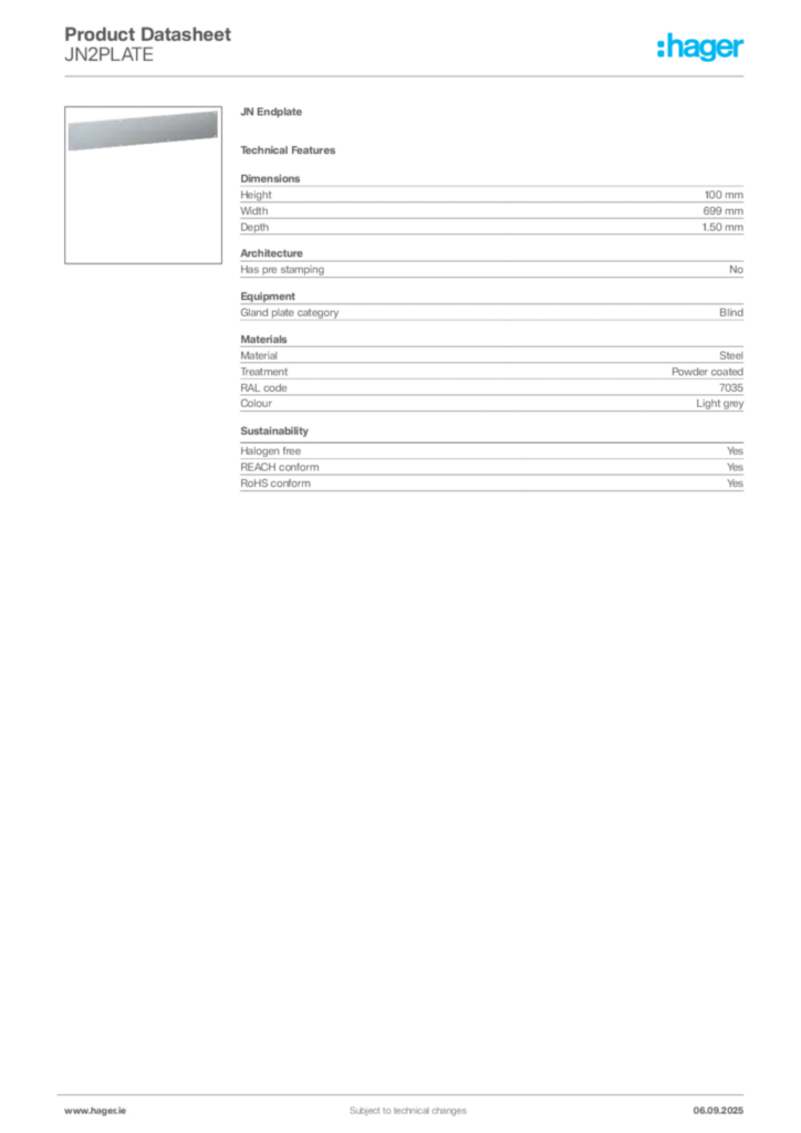 Image Hager Product data sheet JN2PLATE  | Hager