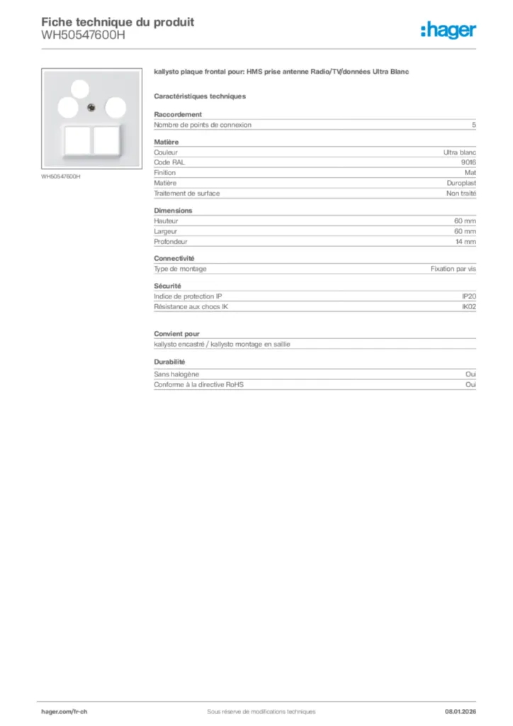 Image Hager Fiche technique du produit WH50547600H | Hager Suisse