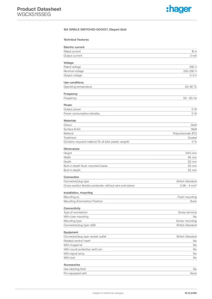 Image Hager Product data sheet WGCXS115SEG  | Hager Africa
