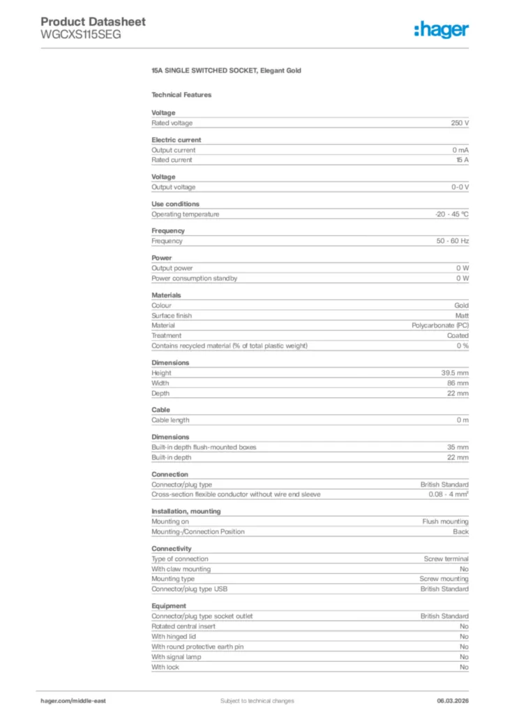 Image Hager Product data sheet WGCXS115SEG  | Hager