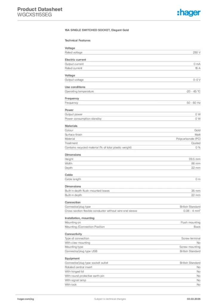Image Hager Product data sheet WGCXS115SEG  | Hager