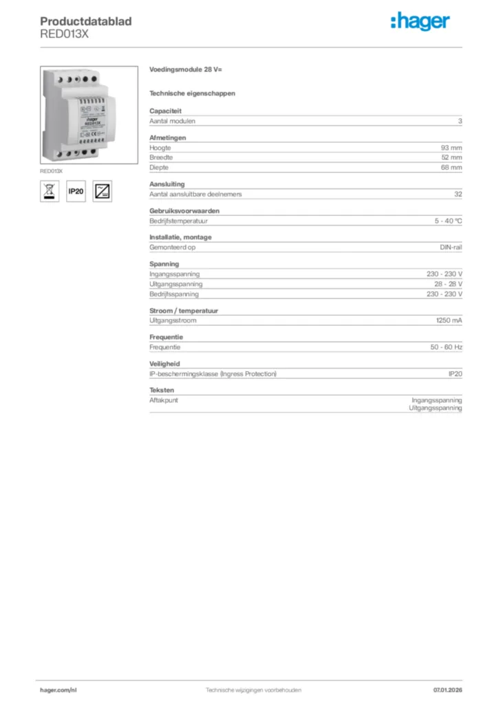 Afbeelding Hager Productdatablad RED013X | Hager Nederland