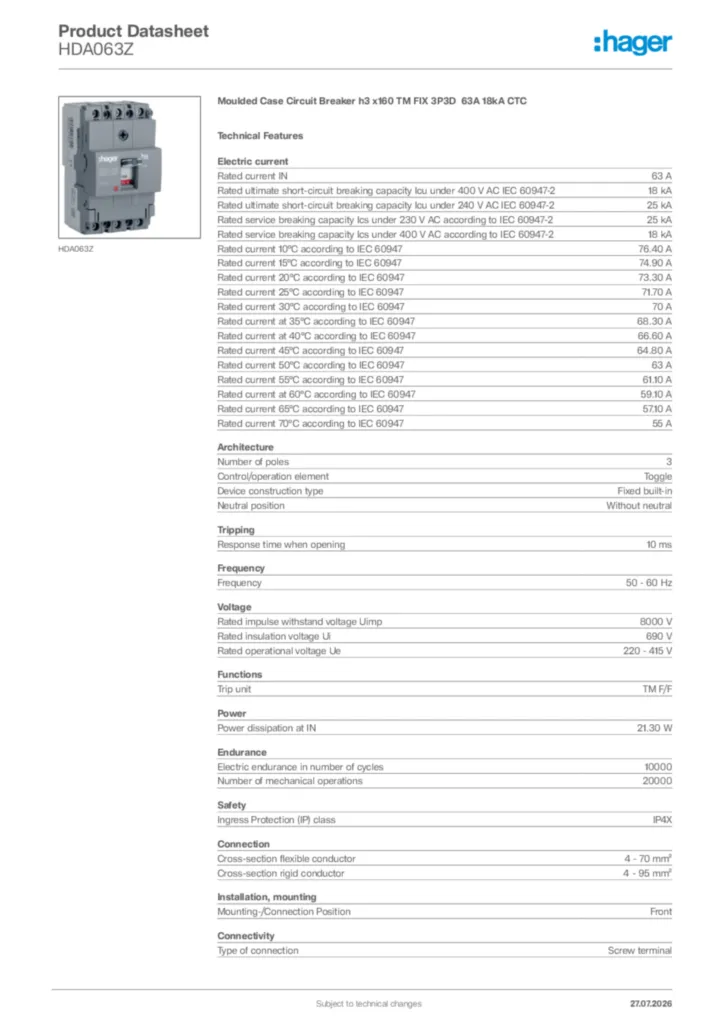 Image Hager Product data sheet HDA063Z  | Hager Africa