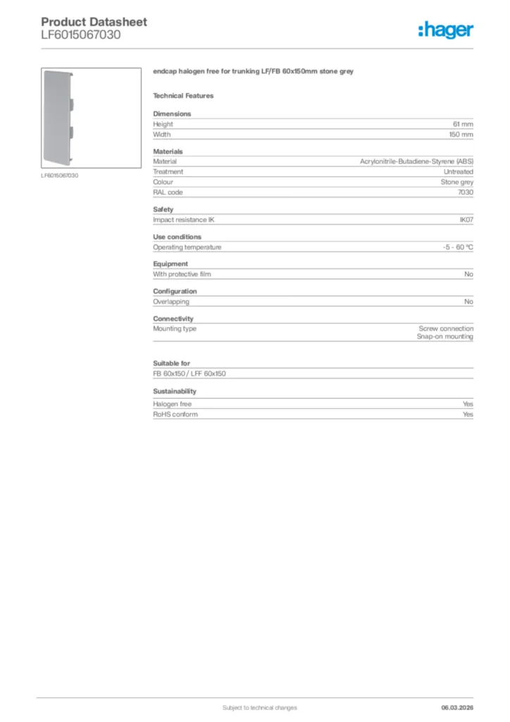 Image Hager Product data sheet LF6015067030  | Hager Africa