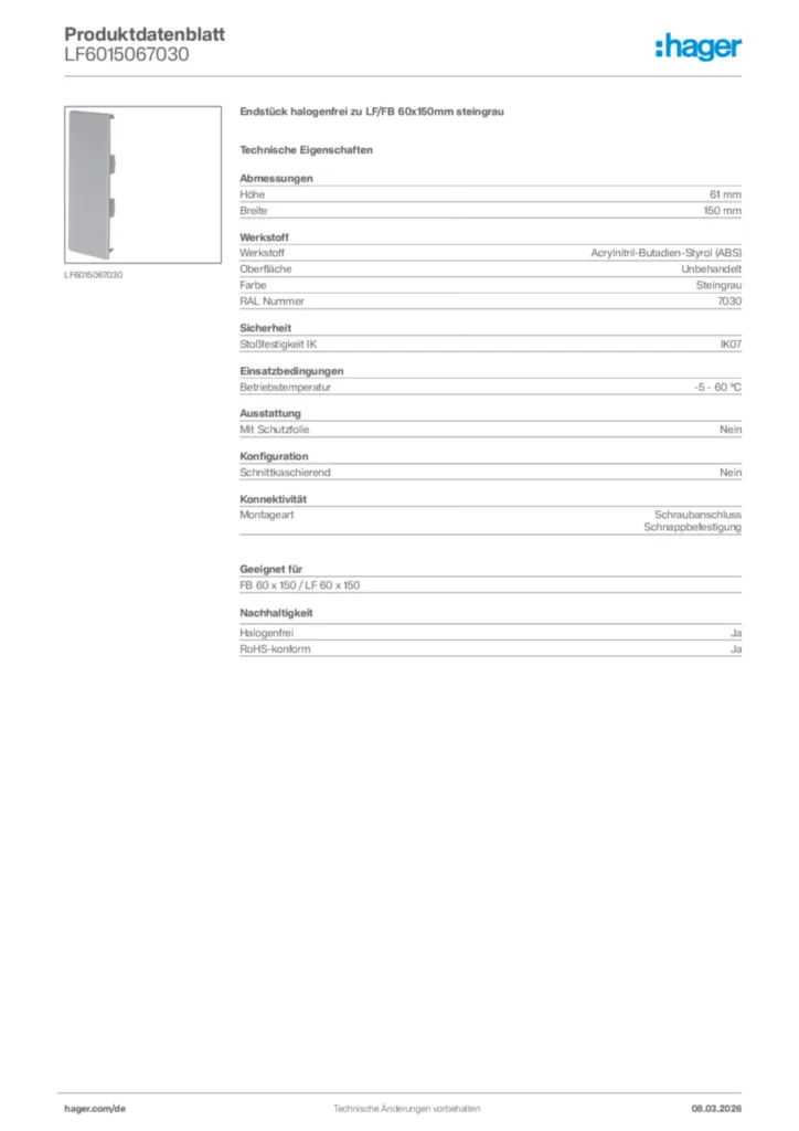 Bild Hager Produktdatenblatt LF6015067030 | Hager Deutschland