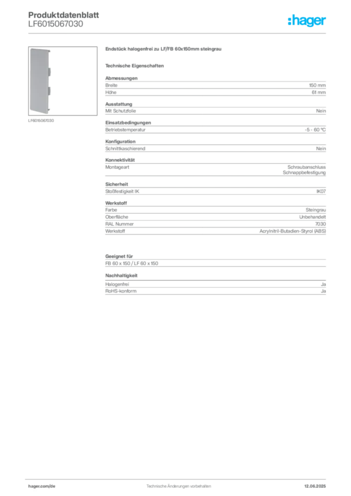 Bild Hager Produktdatenblatt LF6015067030 | Hager Deutschland