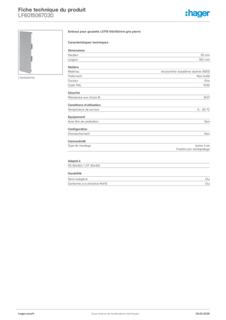 Image Hager Fiche technique du produit LF6015067030 | Hager France