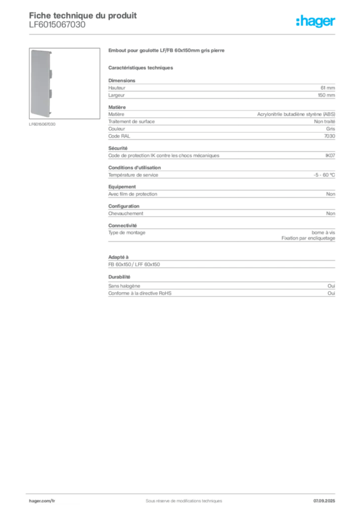 Image Hager Fiche technique du produit LF6015067030 | Hager France