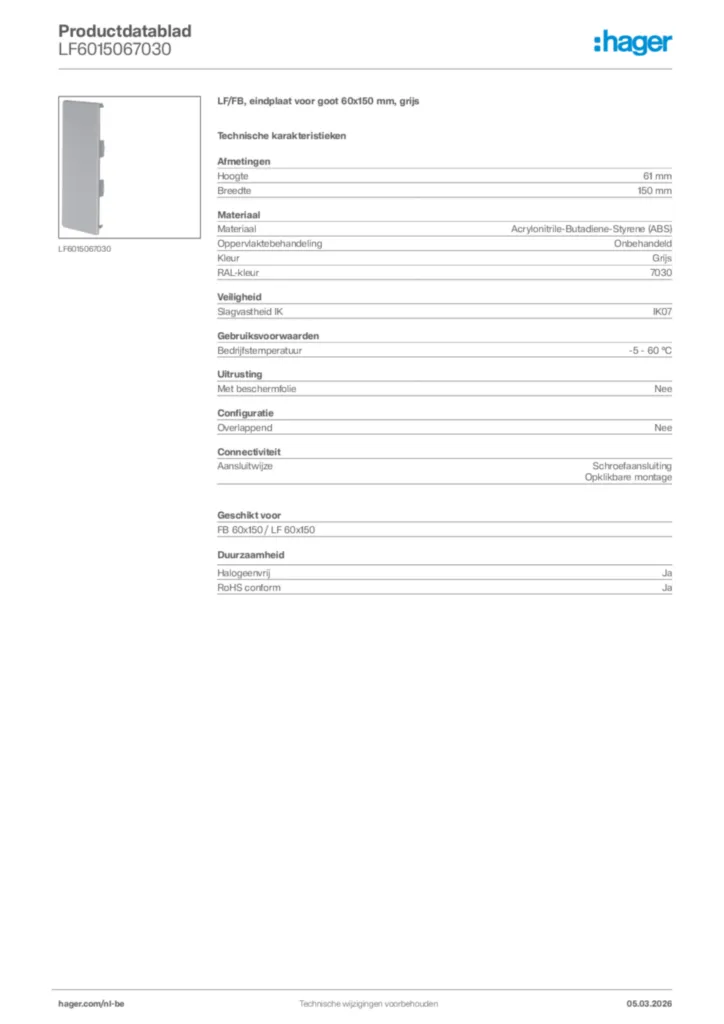 Afbeelding Hager Productdatablad LF6015067030 | Hager Belgium