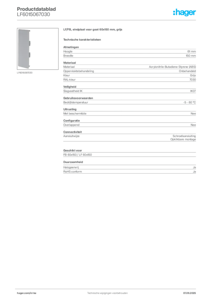 Afbeelding Hager Productdatablad LF6015067030 | Hager Belgium