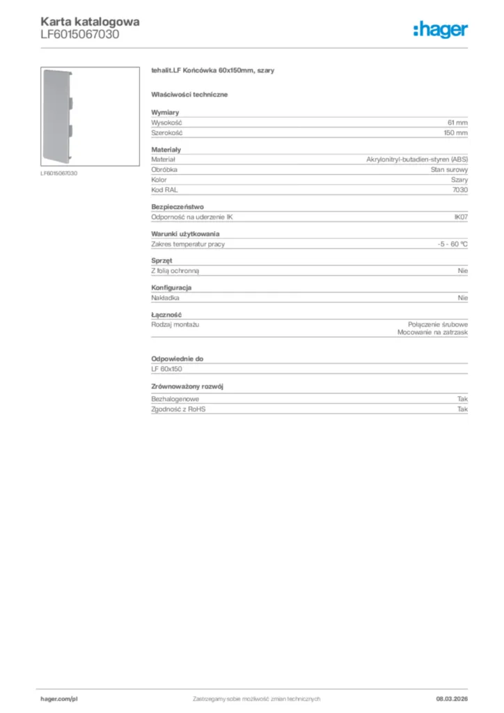 Zdjęcie Hager Karta katalogowa LF6015067030 | Hager Polska