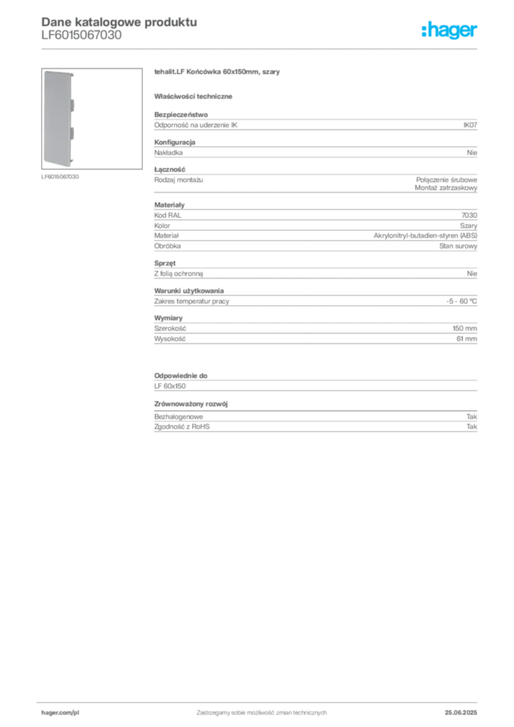 Zdjęcie Hager Karta katalogowa LF6015067030 | Hager Polska