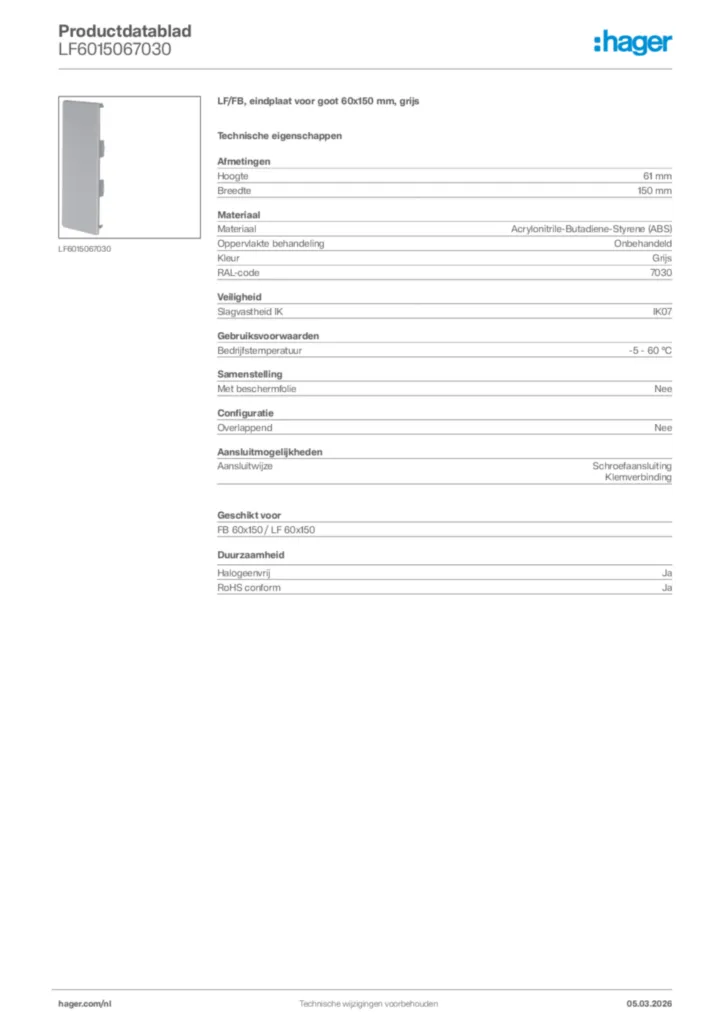 Afbeelding Hager Productdatablad LF6015067030 | Hager Nederland