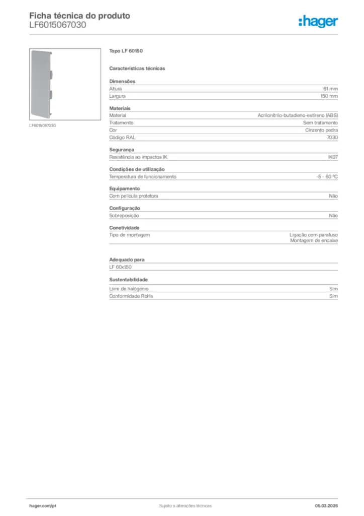 Imagem Hager Ficha técnica do produto LF6015067030 | Hager Portugal