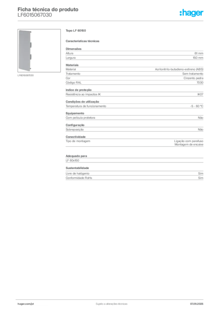 Imagem Hager Ficha técnica do produto LF6015067030 | Hager Portugal