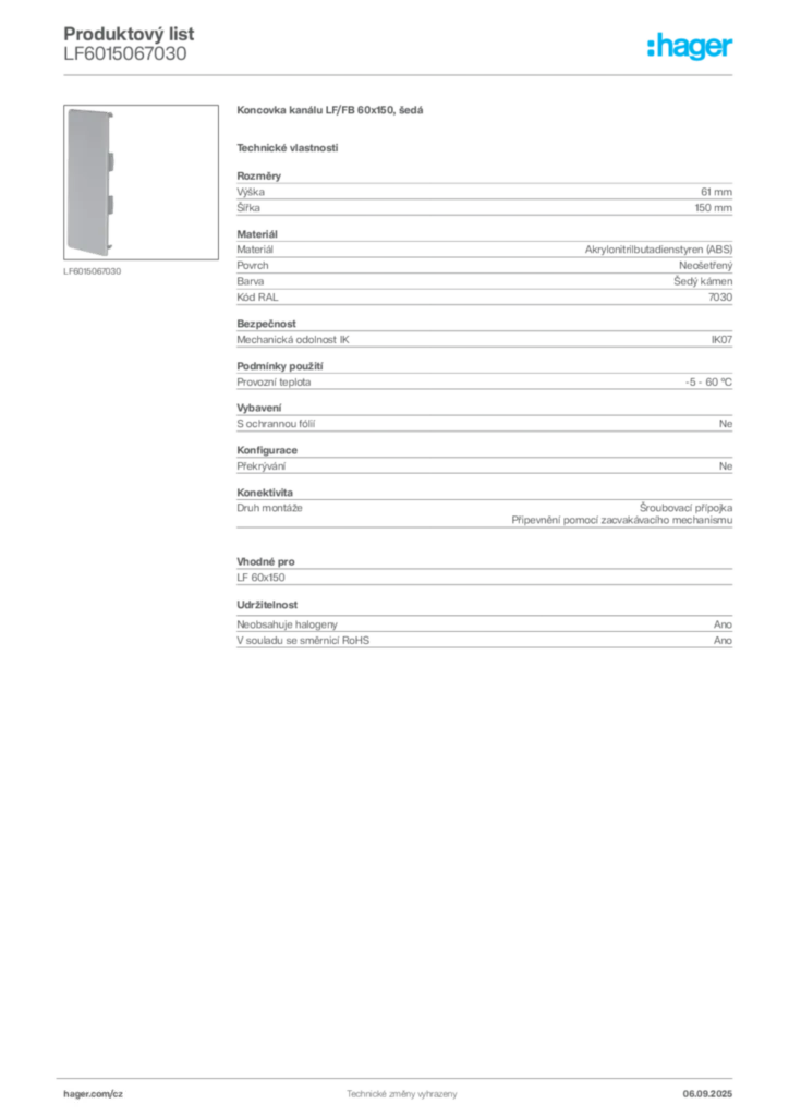 Obrázek Hager Produktový list LF6015067030 | Hager