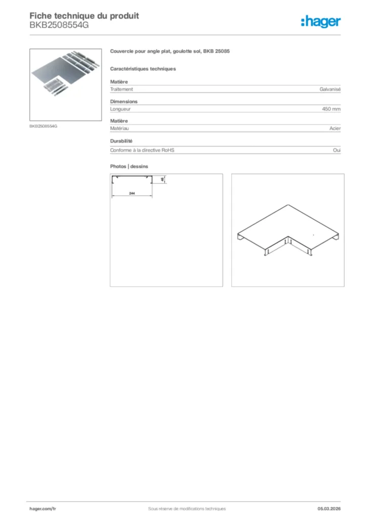 Image Hager Fiche technique du produit BKB2508554G | Hager France