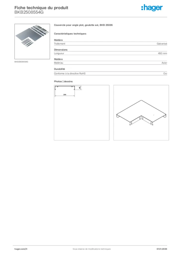Image Hager Fiche technique du produit BKB2508554G | Hager France