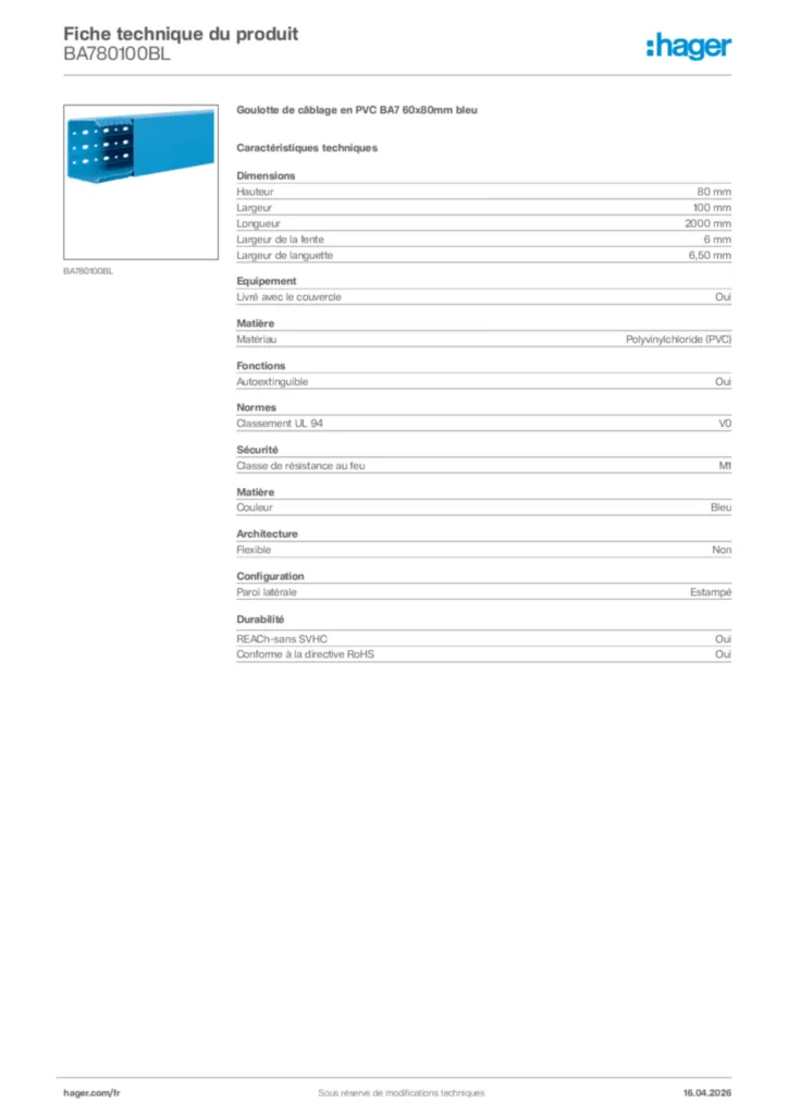 Image Hager Fiche technique du produit BA780100BL | Hager France
