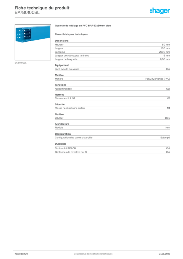Image Hager Fiche technique du produit BA780100BL | Hager France