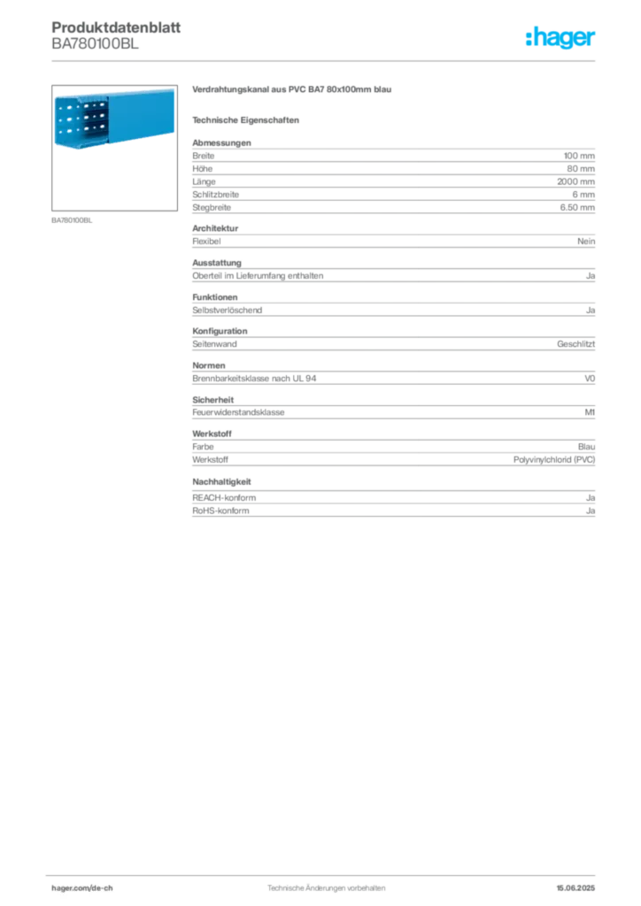 Bild Hager Produktdatenblatt BA780100BL | Hager Schweiz