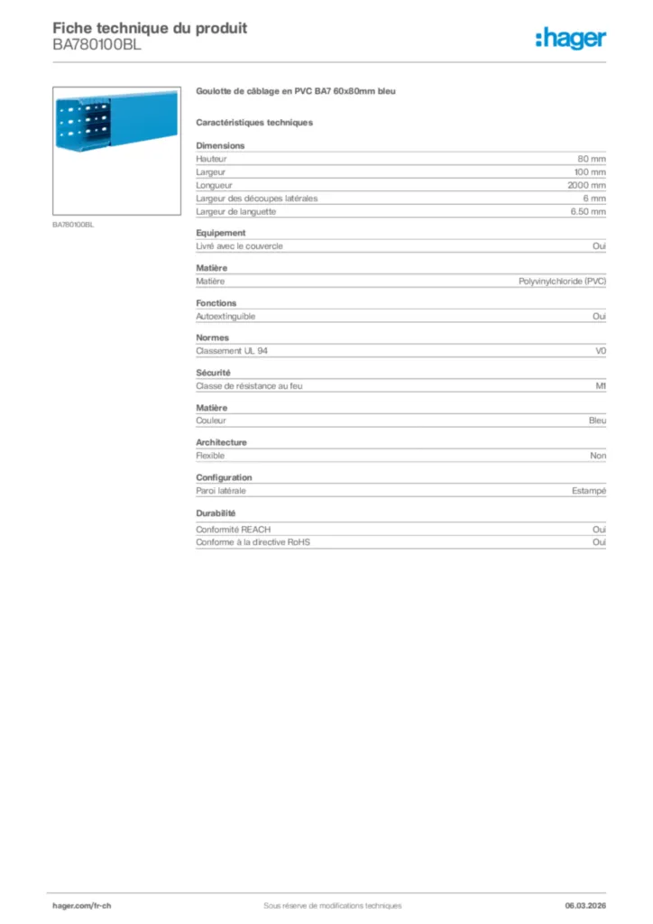 Image Hager Fiche technique du produit BA780100BL | Hager Suisse