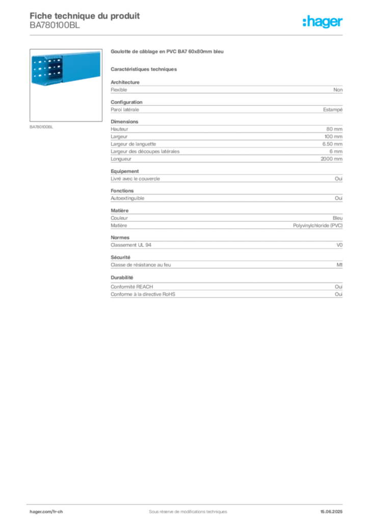 Image Hager Fiche technique du produit BA780100BL | Hager Suisse