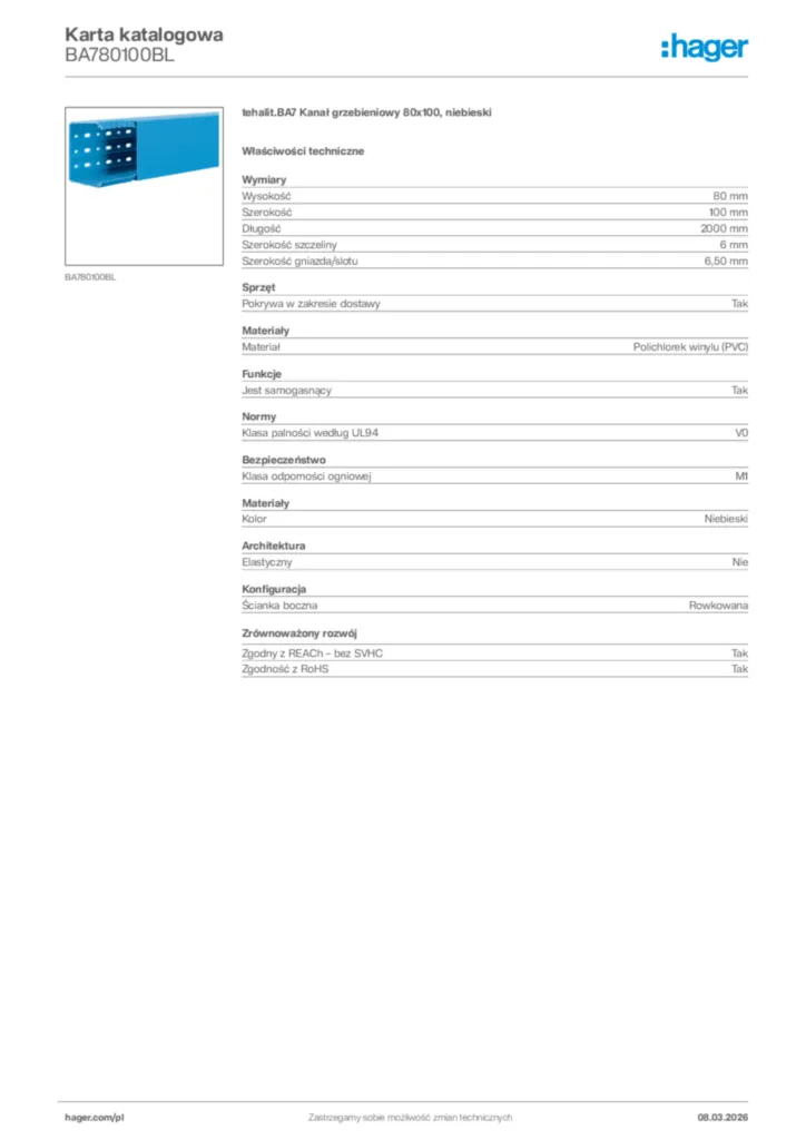 Zdjęcie Hager Karta katalogowa BA780100BL | Hager Polska