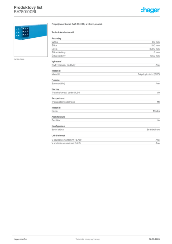 Obrázek Hager Produktový list BA780100BL | Hager