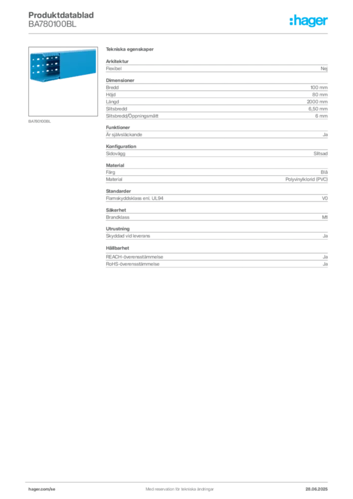 Bild Hager Produktdatablad BA780100BL | Hager Sverige
