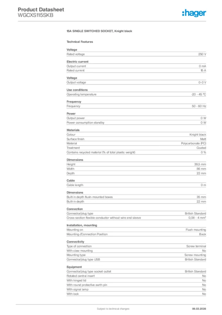 Image Hager Product data sheet WGCXS115SKB  | Hager