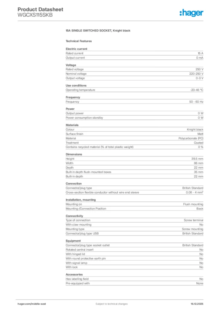 Image Hager Product data sheet WGCXS115SKB  | Hager