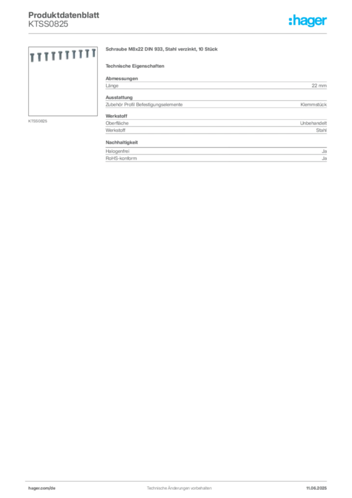 Hager Produktdatenblatt KTSS0825