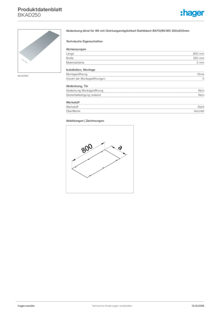 Bild Hager Produktdatenblatt BKAD250 | Hager Deutschland