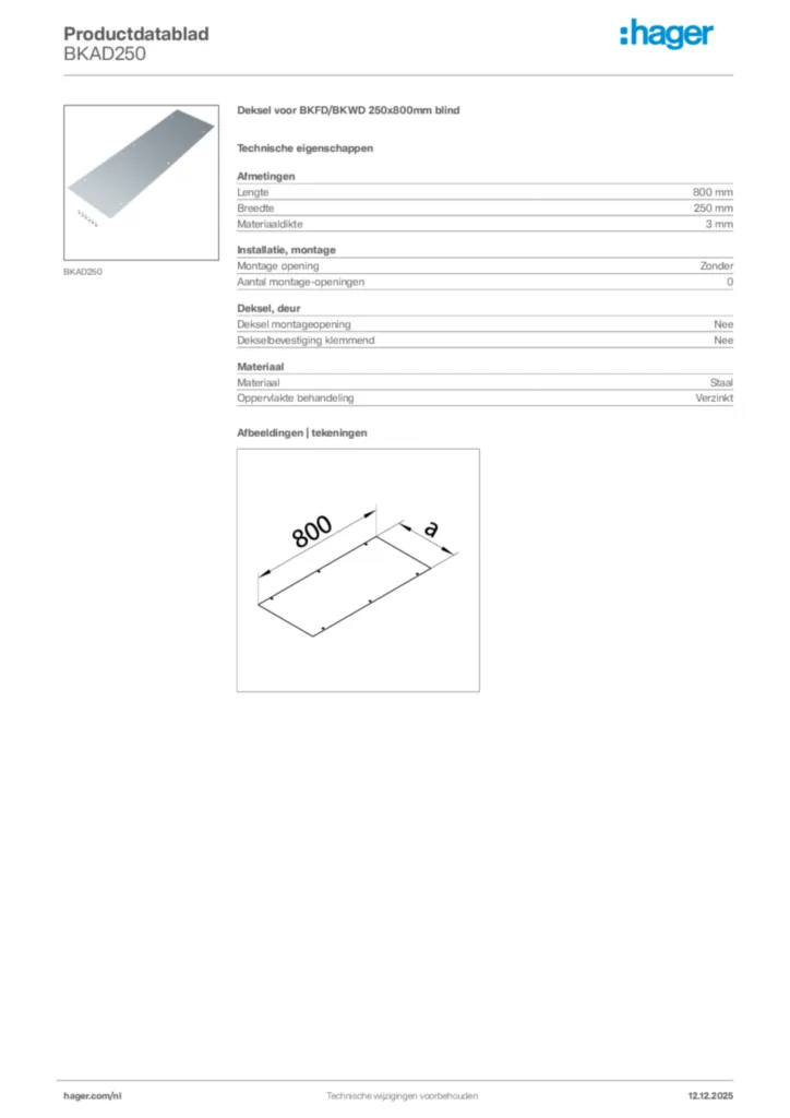 Afbeelding Hager Productdatablad BKAD250 | Hager Nederland