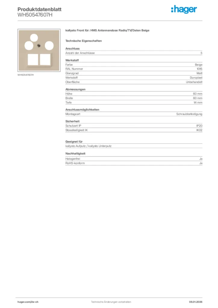 Bild Hager Produktdatenblatt WH50547607H | Hager Schweiz